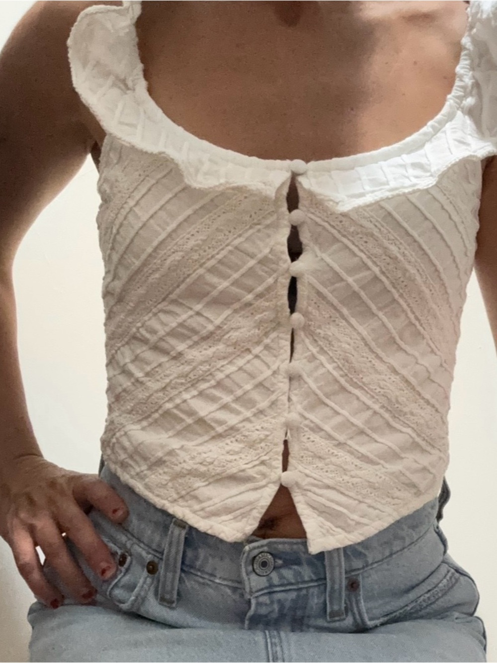 Free People Cream Button-Front Lace Texture Tank Top